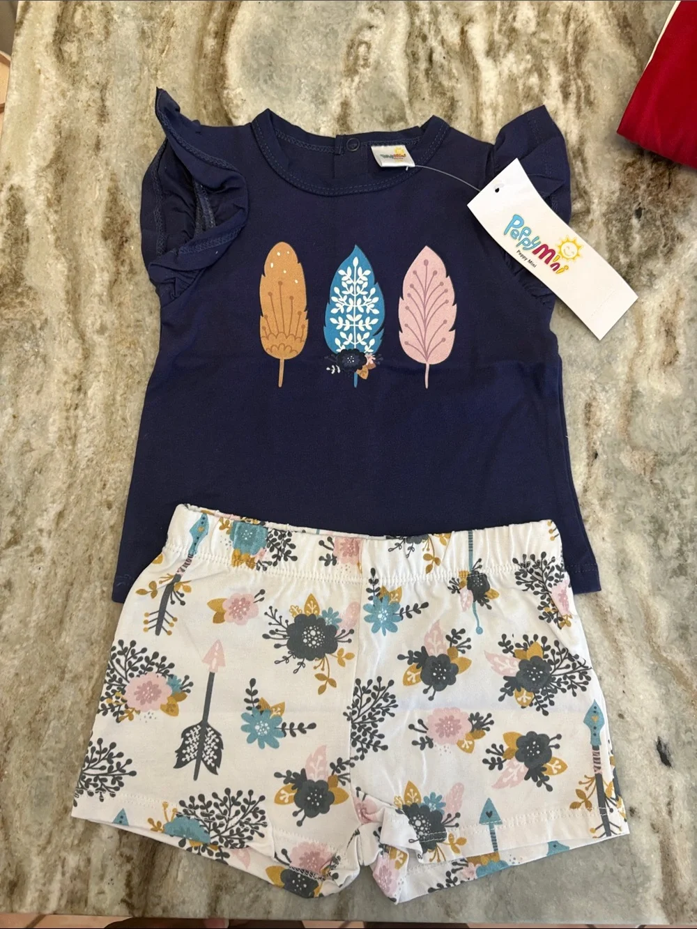 PAPMI Navy Flutter Sleeve Top & Floral Shorts Set